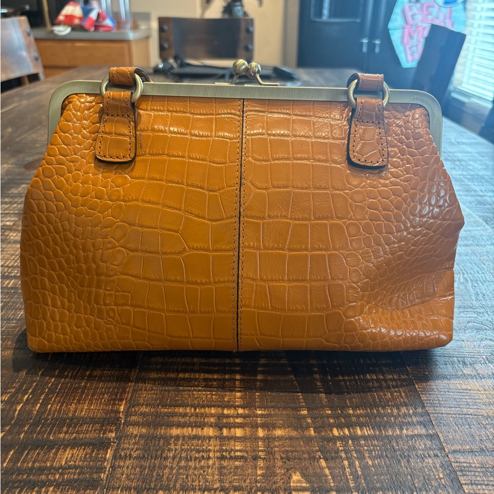 Croc-Embossed Tan Leather Handbag